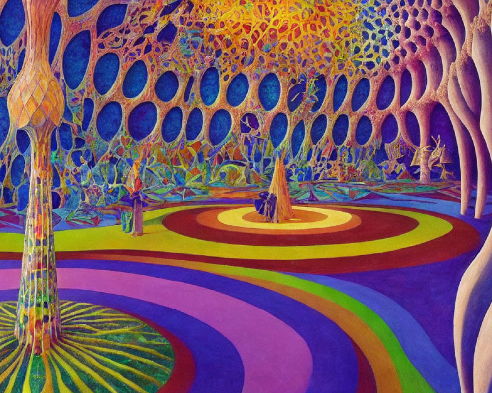 Colorful Psychedelic Landscape with Patterned Trees and Rainbow Ground