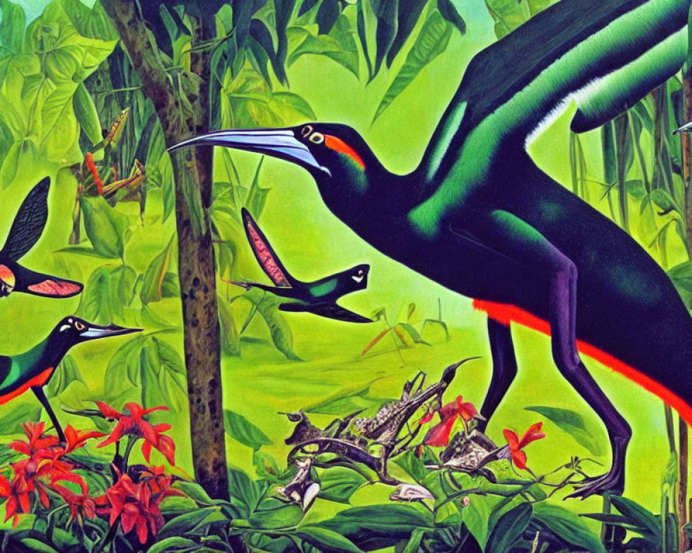 Vibrant hummingbird painting in tropical forest scenery