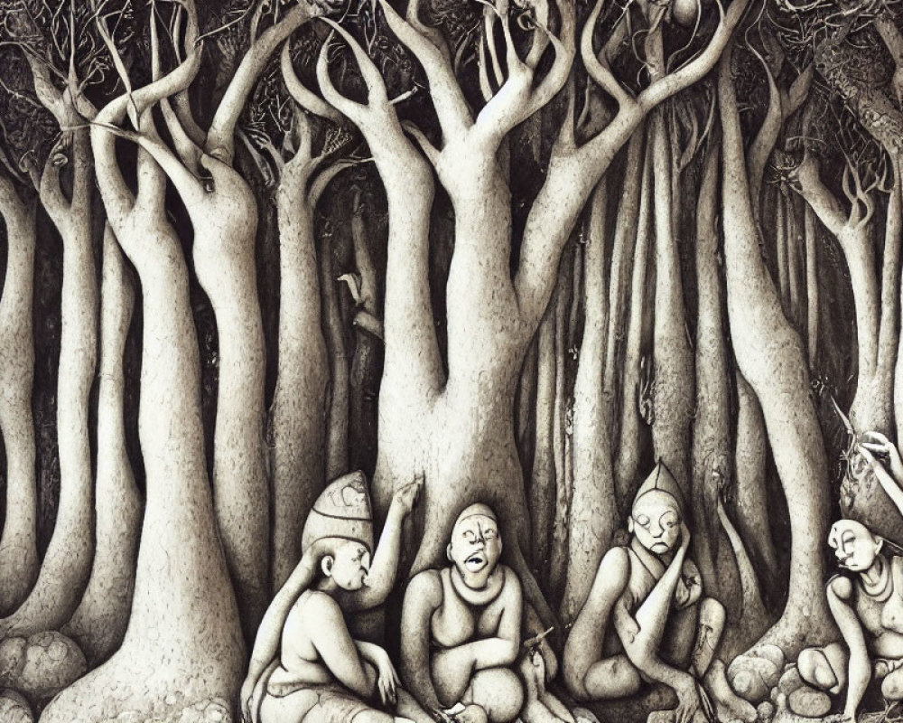 Detailed illustration of people interacting with intertwined trees in a dense forest.