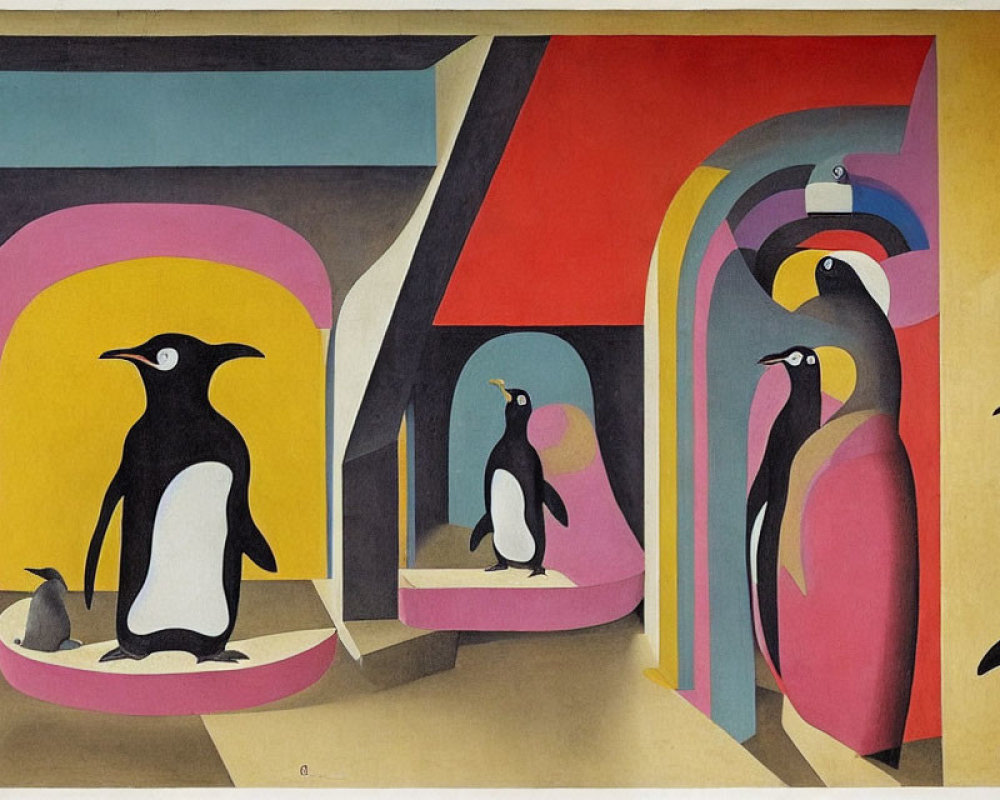 Colorful abstract painting featuring stylized penguins in geometric landscape