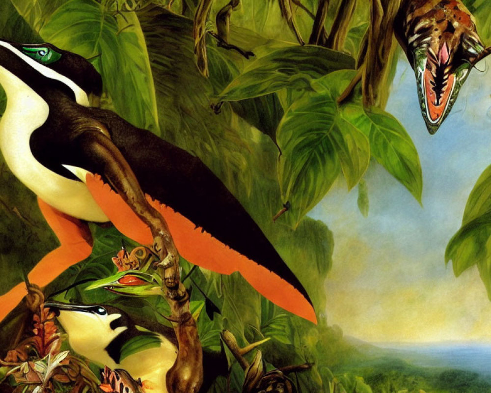 Vibrant prehistoric jungle painting with flying pterosaurs & Pteranodon on branch