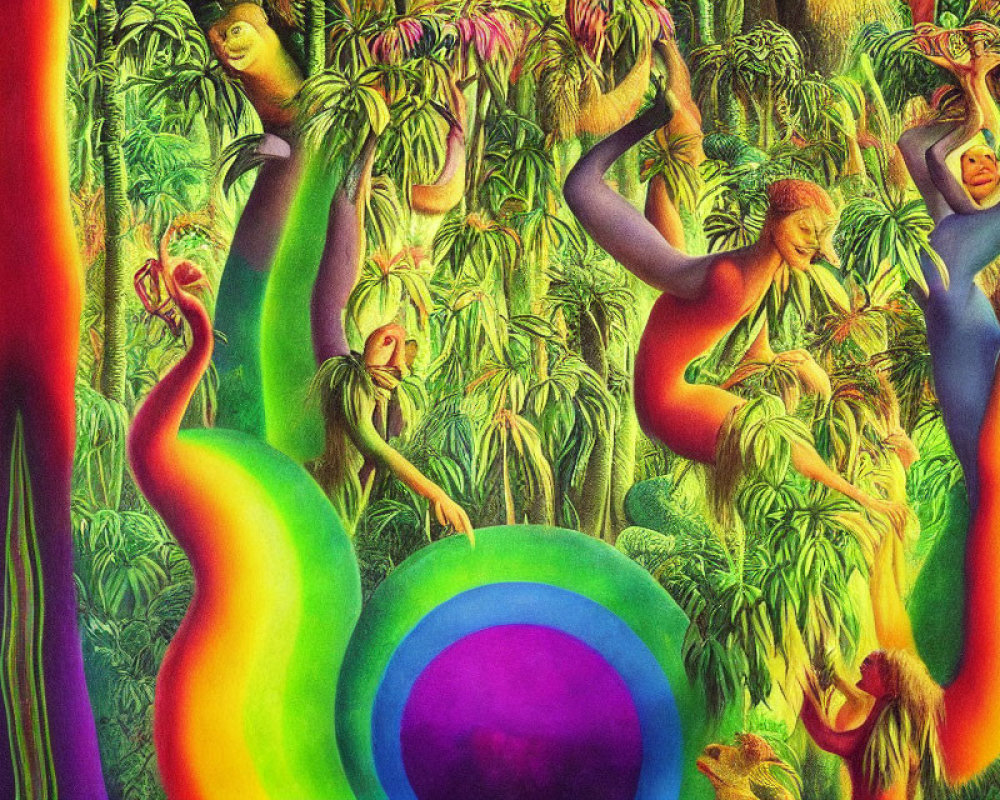 Colorful surreal artwork: elongated figures with plant-like features in vibrant jungle