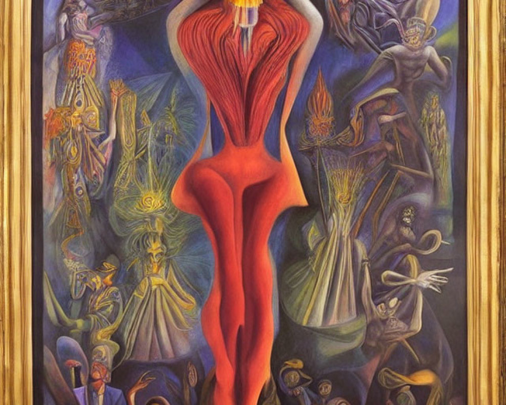 Colorful Surrealist Painting with Central Figure in Red Dress