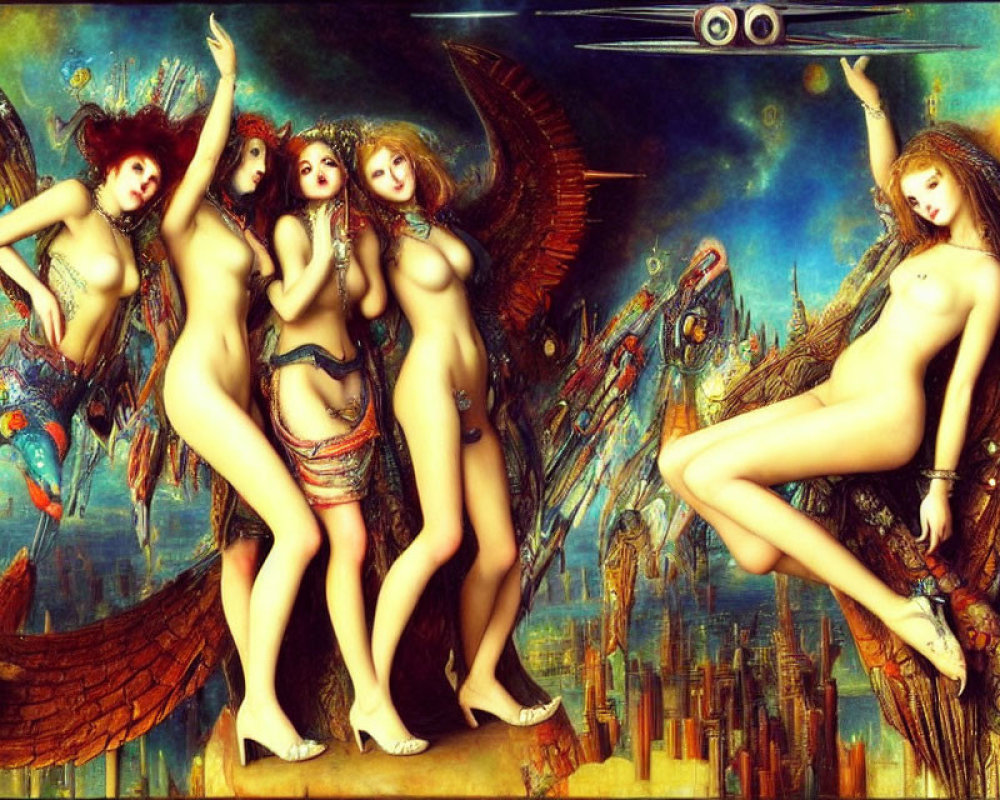 Surreal Artwork: Nude Female Figures with Ethereal Wings in Futuristic Cityscape