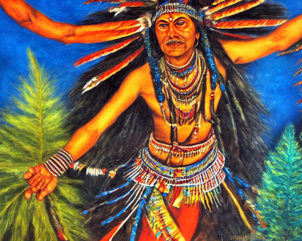 Vibrant Native American attire painting in blue and red tones