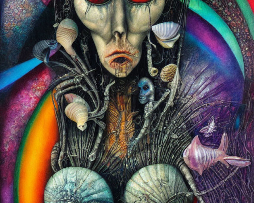 Colorful humanoid figure with skull-like features and intricate patterns, surrounded by shells, bird, and rainbow