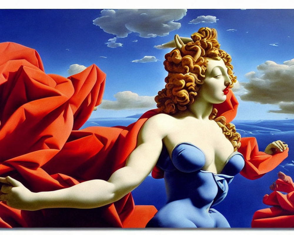 Surrealist image of woman with animal-like head in draped blue garment