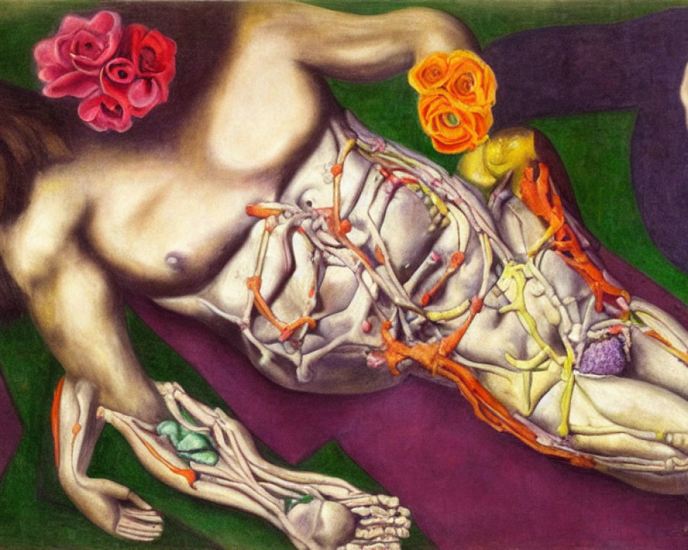 Surreal painting of reclining figure with exposed musculature and flowers on green and purple background