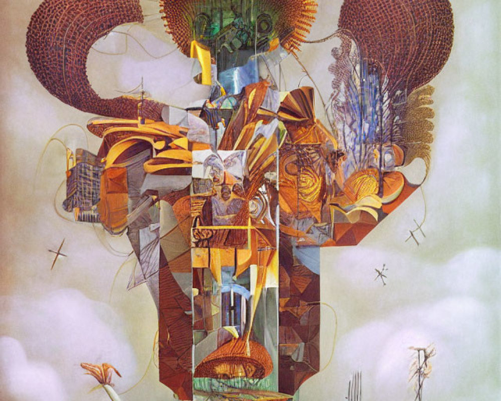 Surreal painting of abstract mechanical figure in fantastical setting