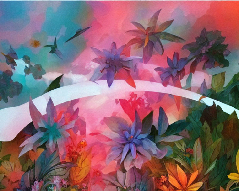 Colorful surreal art with flowers, plants, and birds in dreamy pastel hues