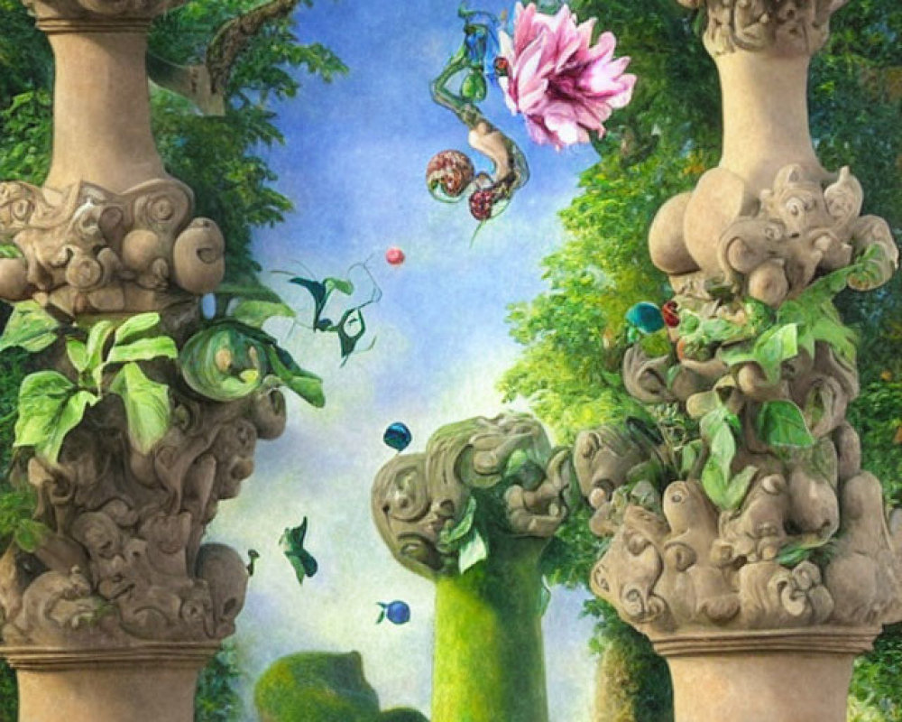 Whimsical painting of stone pillars, floral motifs, fantastical creatures, and floating fruits in serene