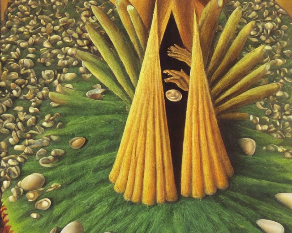 Surreal artwork featuring giant hands, golden archways, green fabric, seeds, and eggs.