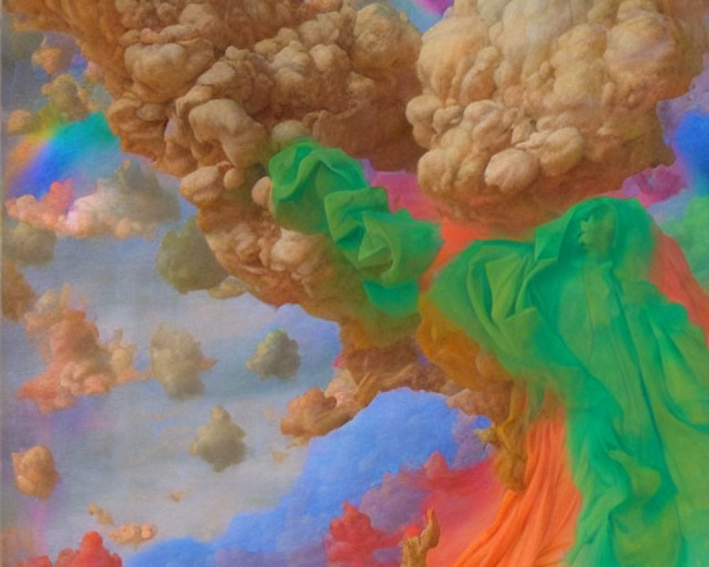 Vibrant surreal painting with ethereal figures, rainbow, and floating rock