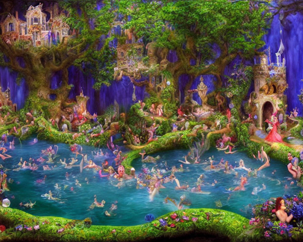 Fantasy landscape with fairytale creatures, mermaids, enchanted castle, and waterfalls