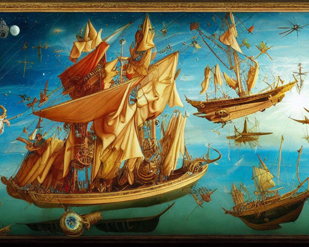 Fantastical nautical scene with ornate ships sailing under starry sky