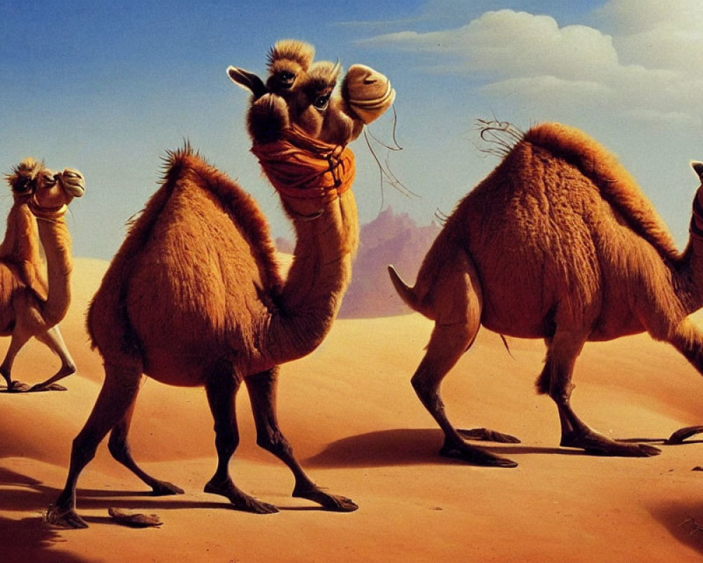 Three cartoon camels with friendly expressions in a desert, one carrying a bundle.