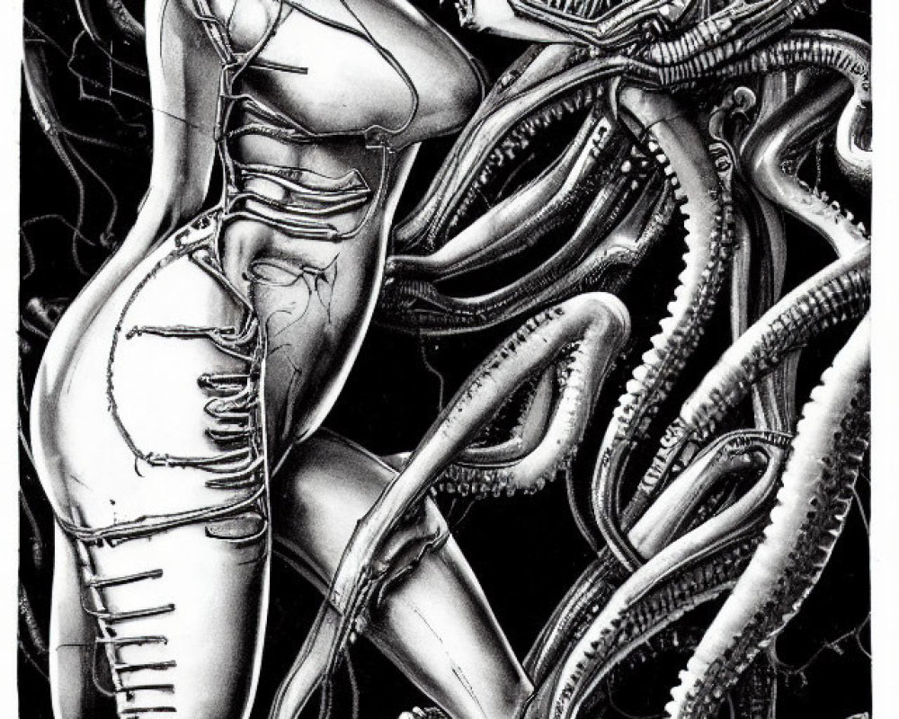 Monochrome biomechanical artwork with human figure and alien creatures