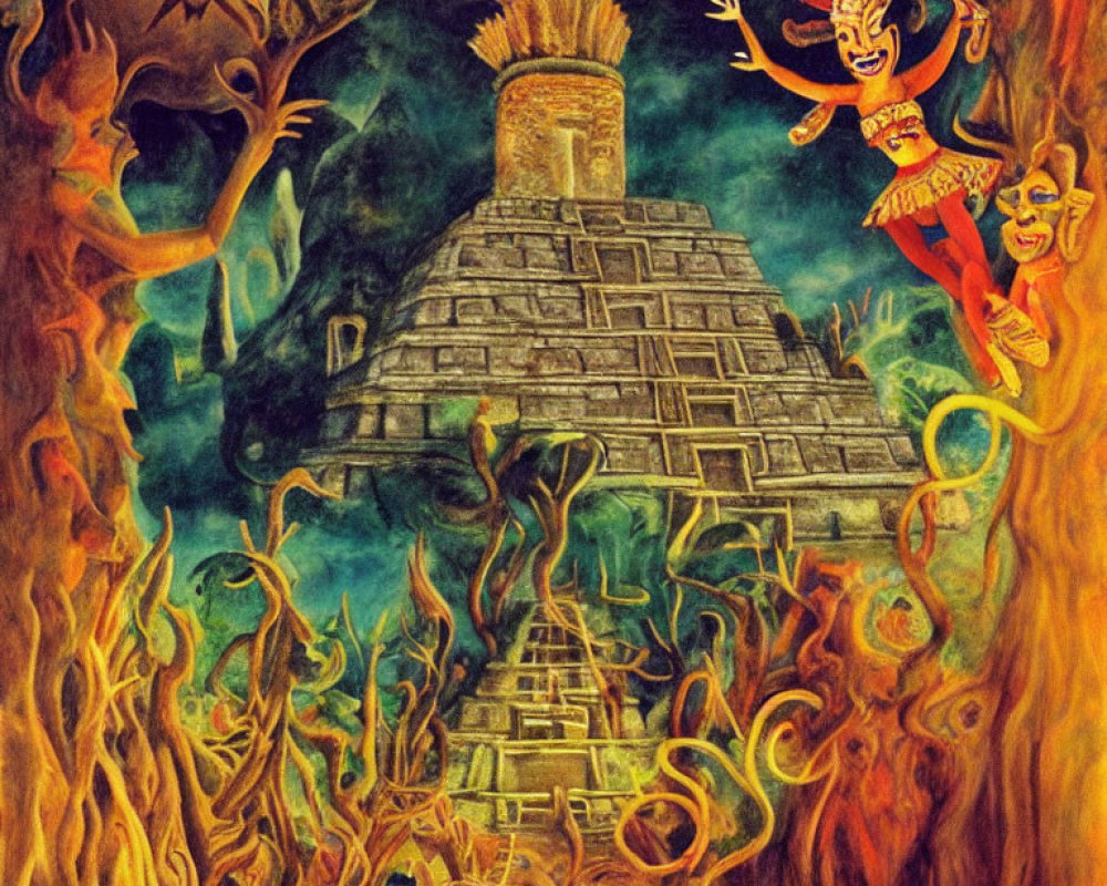 Colorful Mesoamerican Pyramid with Demonic Figures and Ethereal Spirits