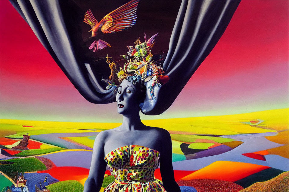 Colorful surreal portrait of woman with elaborate headpiece in vibrant landscape with flying bird and draped sky.