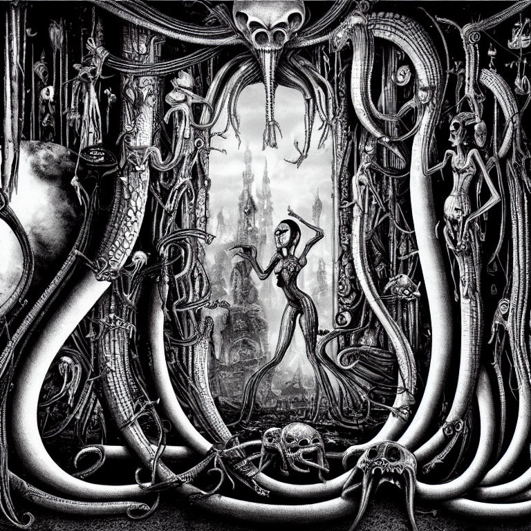 Monochrome fantasy illustration with tentacles, skeletal figures, and surreal architecture.