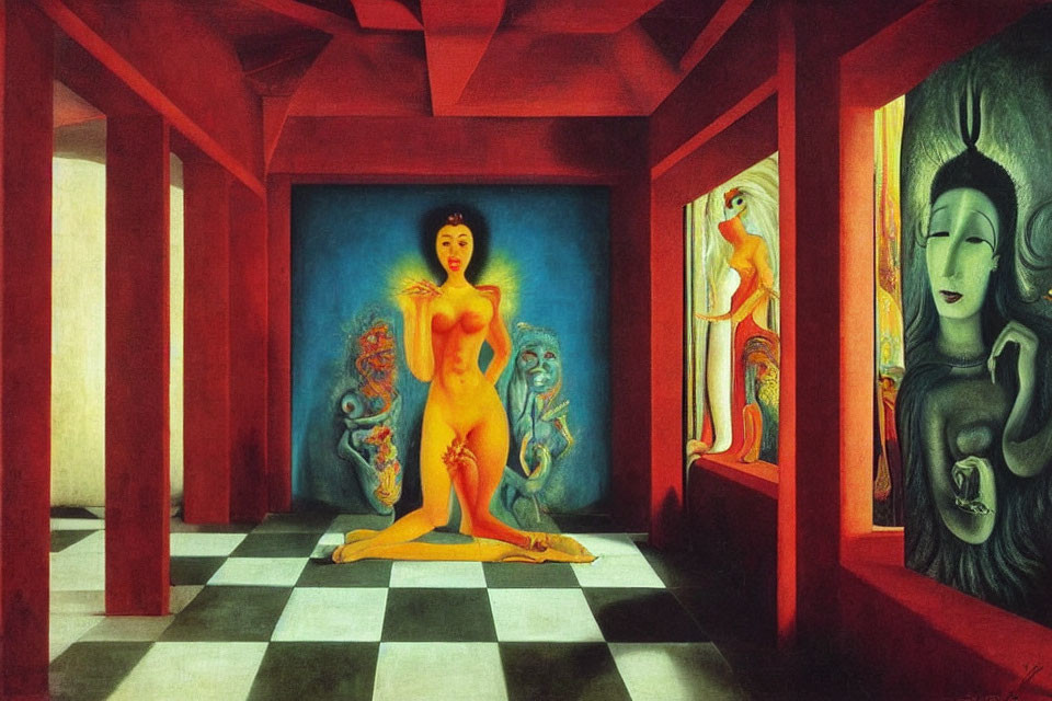 Surrealist painting with nude female figure in checkered hallway