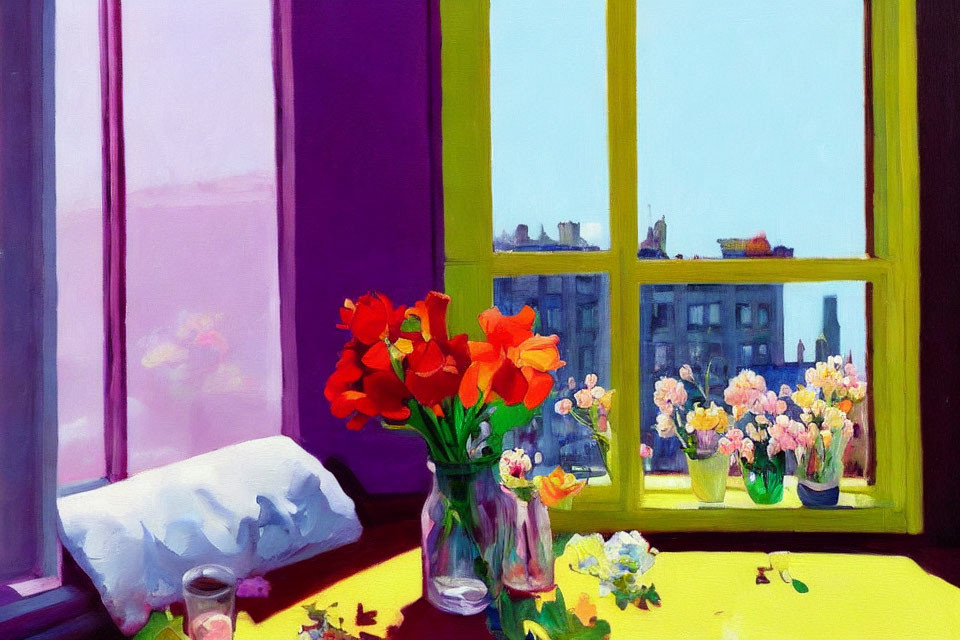 Vibrant painting of vase with red flowers on yellow table overlooking cityscape through window