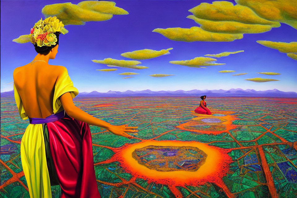 Colorful Skirt Woman in Surreal Landscape with Orange Circles and Yellow Clouds