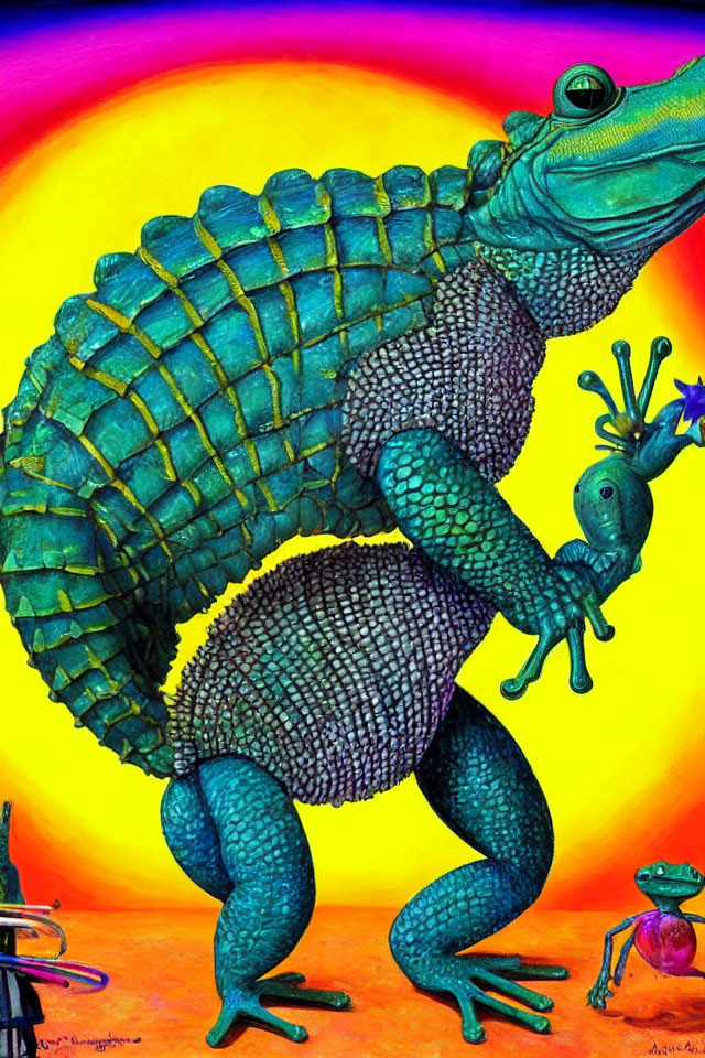 Vibrant anthropomorphic iguana on gradient background