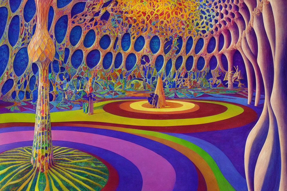 Colorful Psychedelic Landscape with Patterned Trees and Rainbow Ground