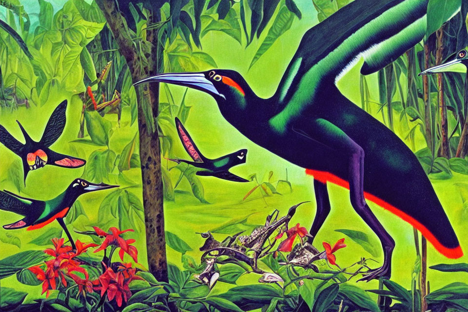 Vibrant hummingbird painting in tropical forest scenery