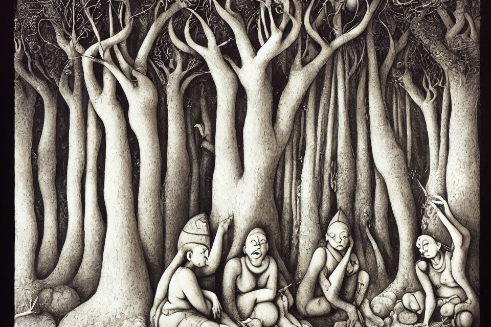 Detailed illustration of people interacting with intertwined trees in a dense forest.