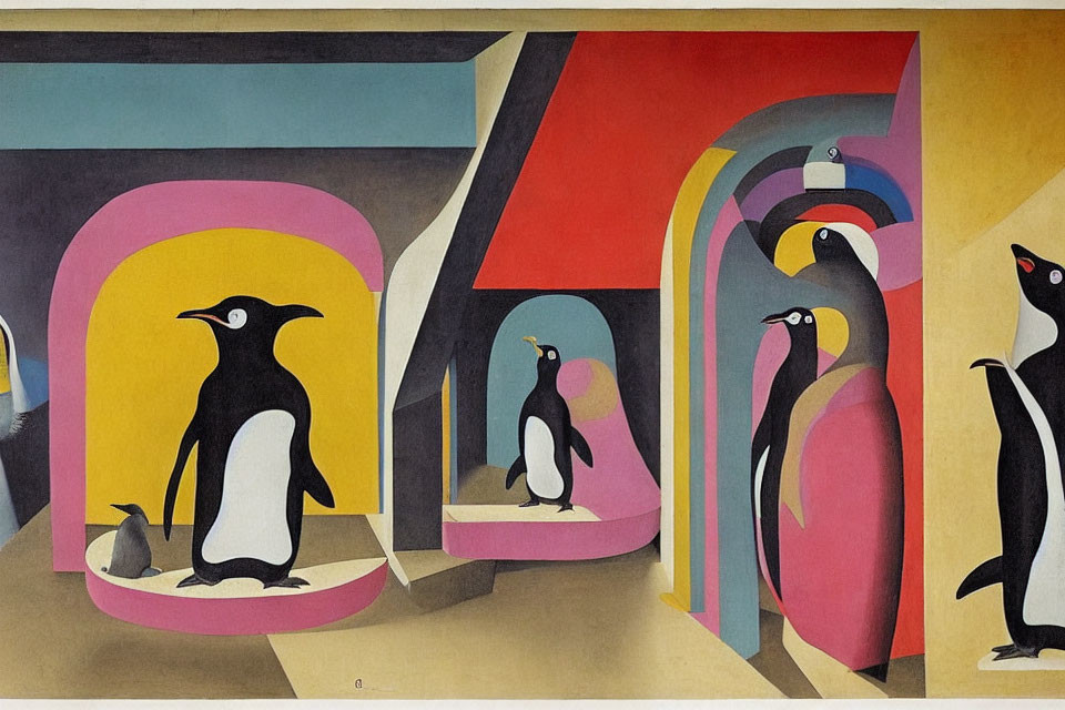 Colorful abstract painting featuring stylized penguins in geometric landscape