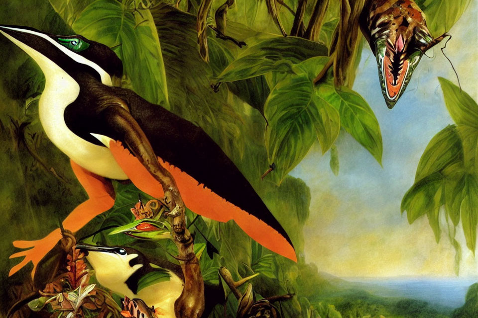 Vibrant prehistoric jungle painting with flying pterosaurs & Pteranodon on branch