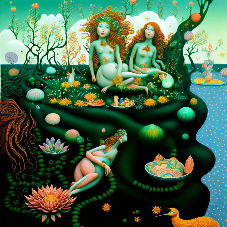 Colorful mythical illustration: three female figures with floral hair in lush green landscape