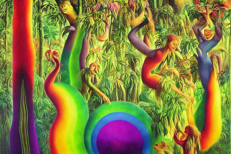 Colorful surreal artwork: elongated figures with plant-like features in vibrant jungle