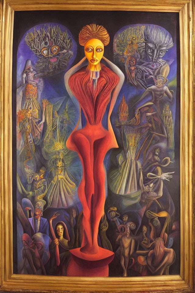 Colorful Surrealist Painting with Central Figure in Red Dress