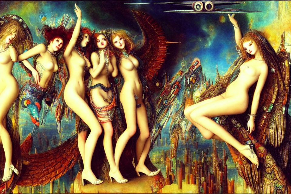 Surreal Artwork: Nude Female Figures with Ethereal Wings in Futuristic Cityscape