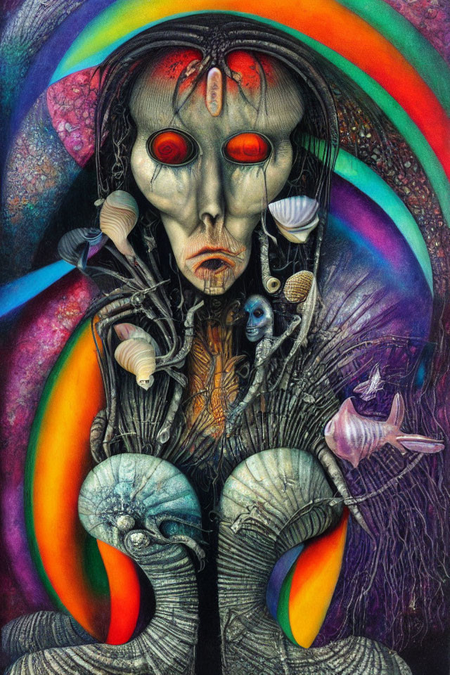 Colorful humanoid figure with skull-like features and intricate patterns, surrounded by shells, bird, and rainbow