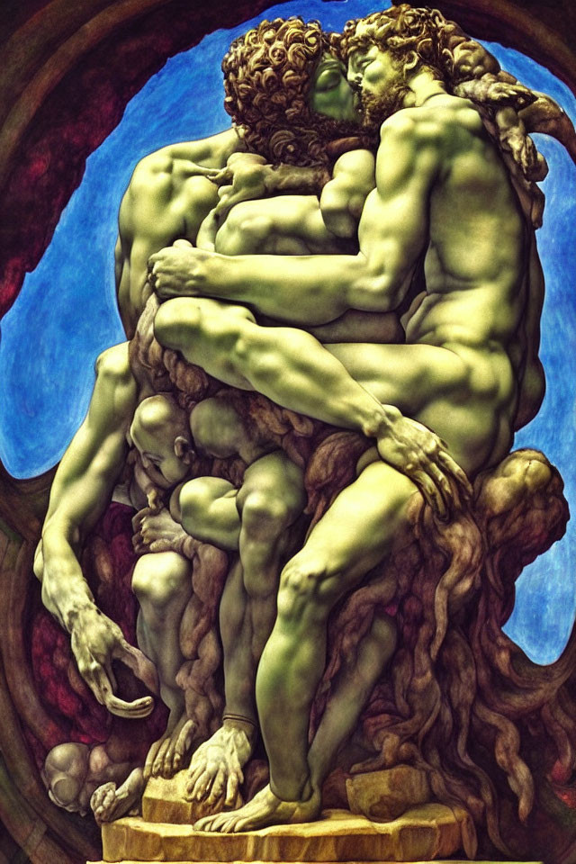 Vivid painting of muscular figures embracing on blue background