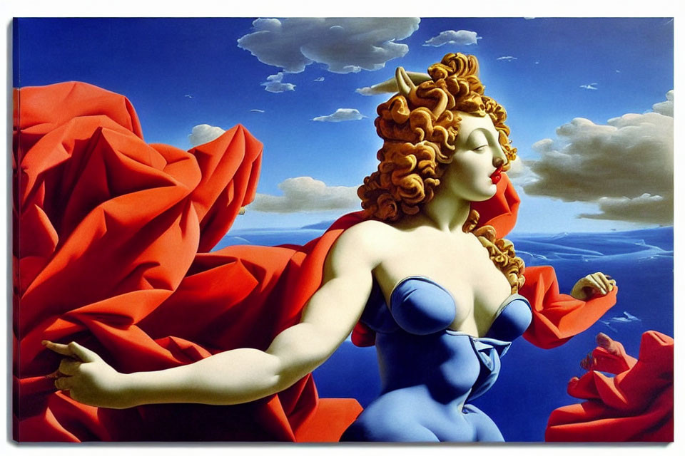 Surrealist image of woman with animal-like head in draped blue garment