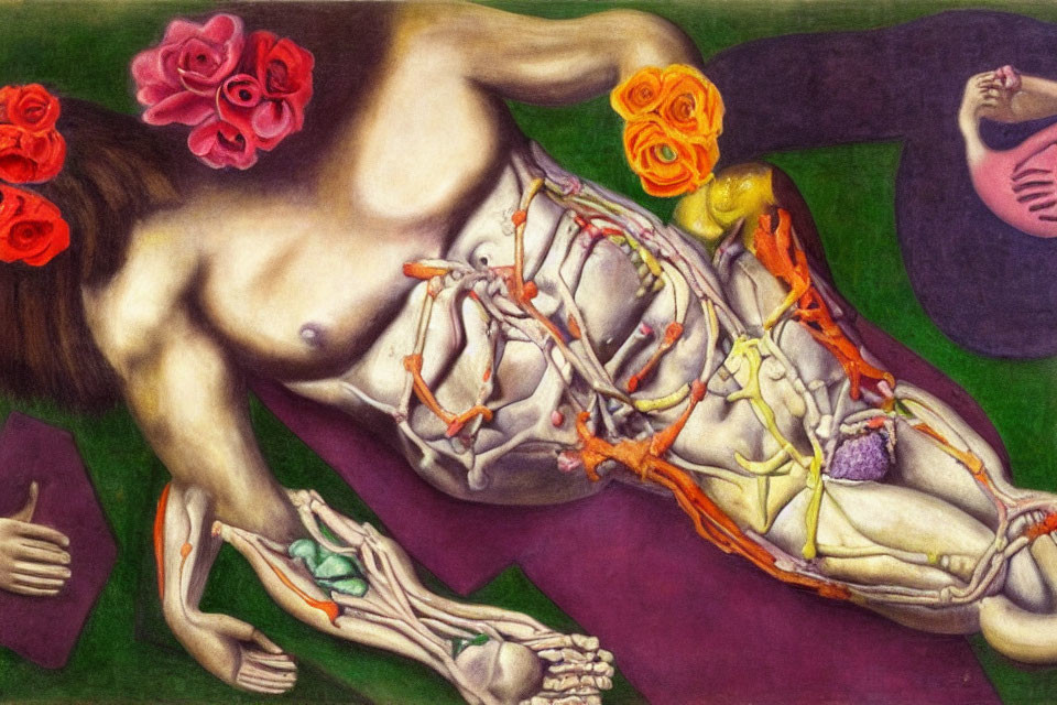 Surreal painting of reclining figure with exposed musculature and flowers on green and purple background