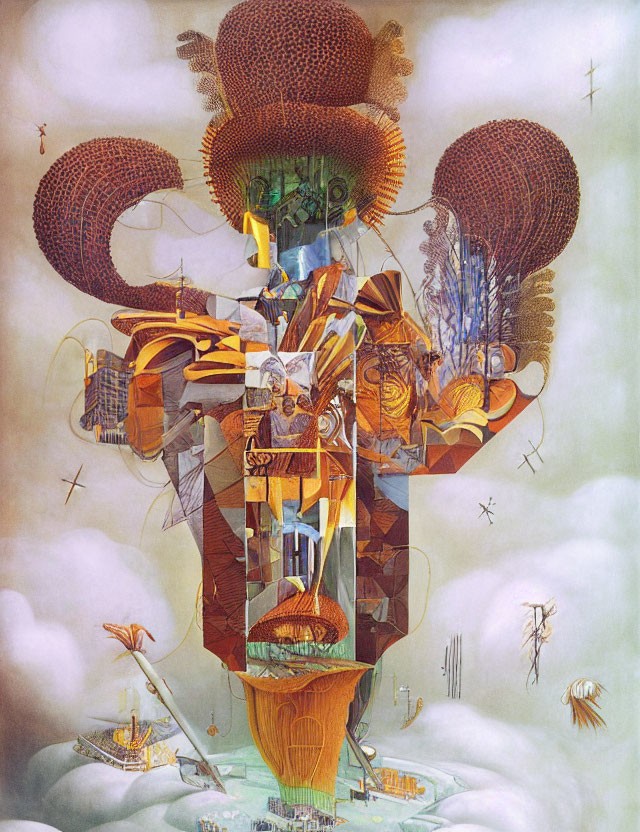 Surreal painting of abstract mechanical figure in fantastical setting