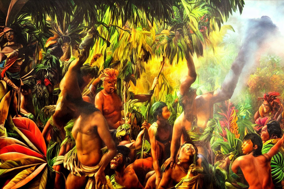 Indigenous people celebrating in lush tropical setting