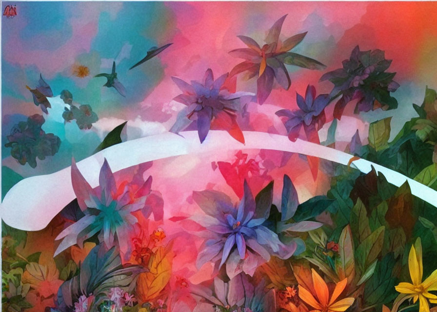 Colorful surreal art with flowers, plants, and birds in dreamy pastel hues