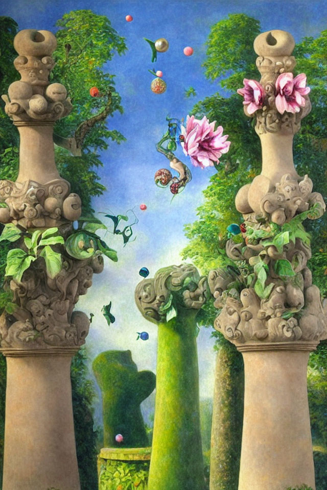 Whimsical painting of stone pillars, floral motifs, fantastical creatures, and floating fruits in serene