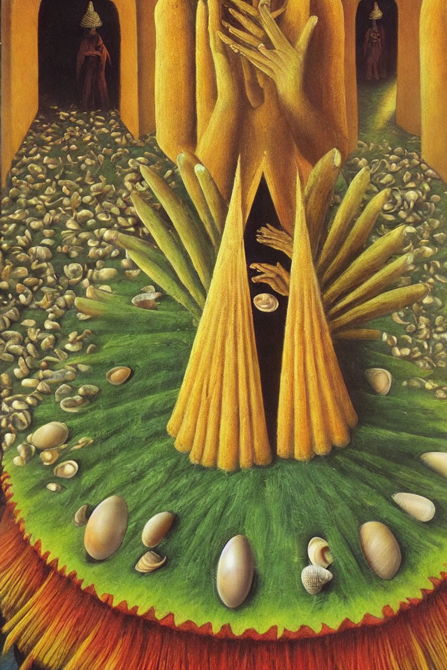 Surreal artwork featuring giant hands, golden archways, green fabric, seeds, and eggs.