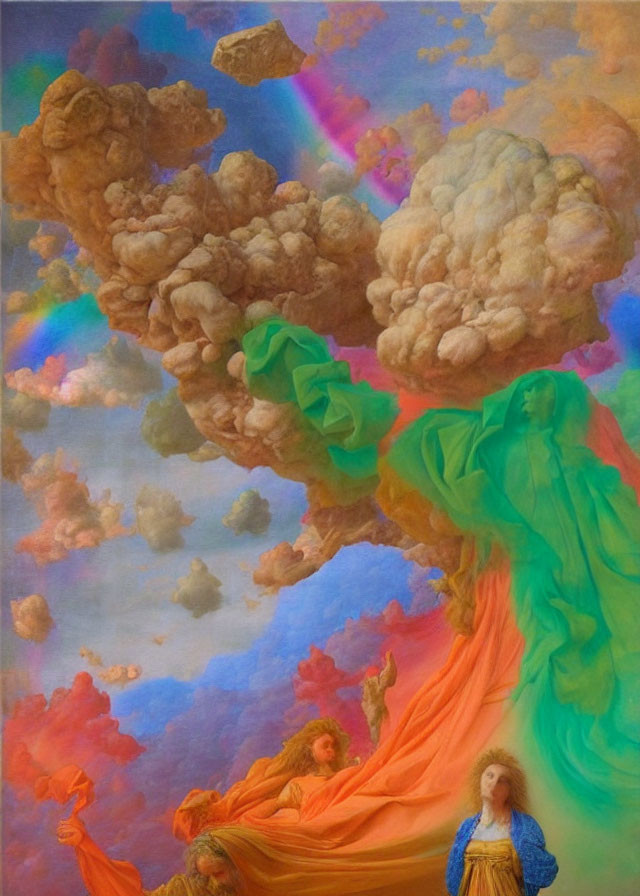 Vibrant surreal painting with ethereal figures, rainbow, and floating rock