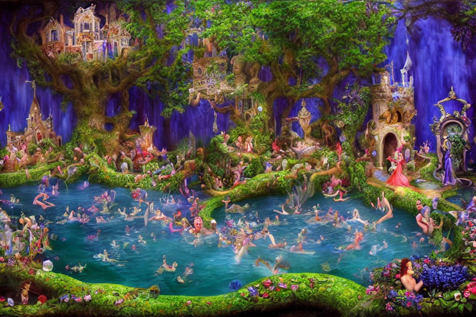 Fantasy landscape with fairytale creatures, mermaids, enchanted castle, and waterfalls