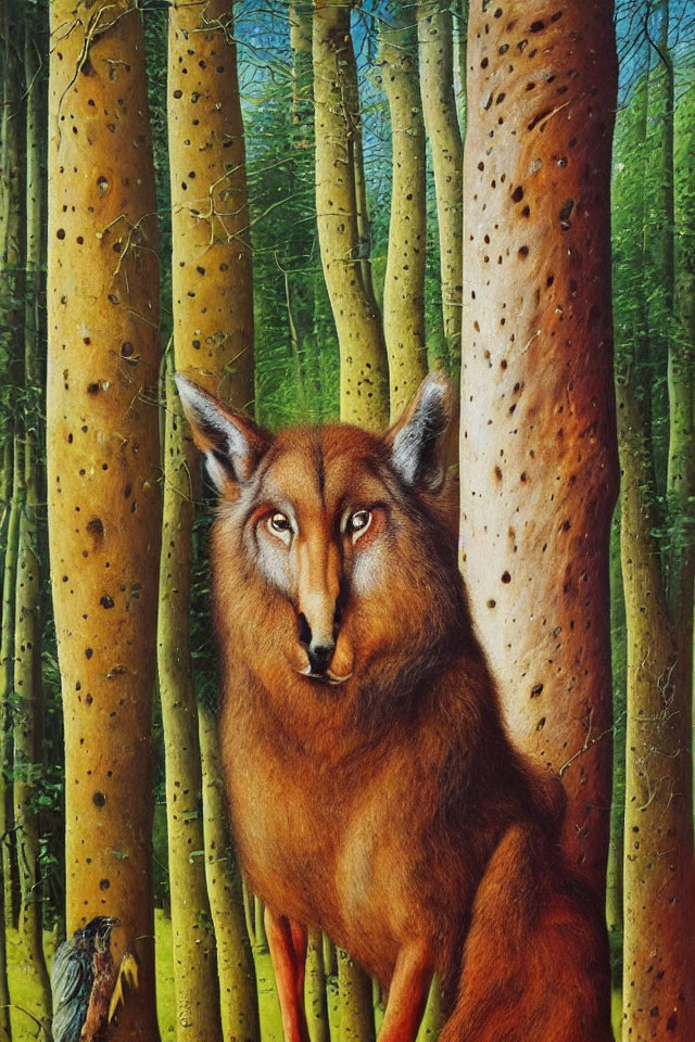 Fox blending into forest of slender trees in a painting