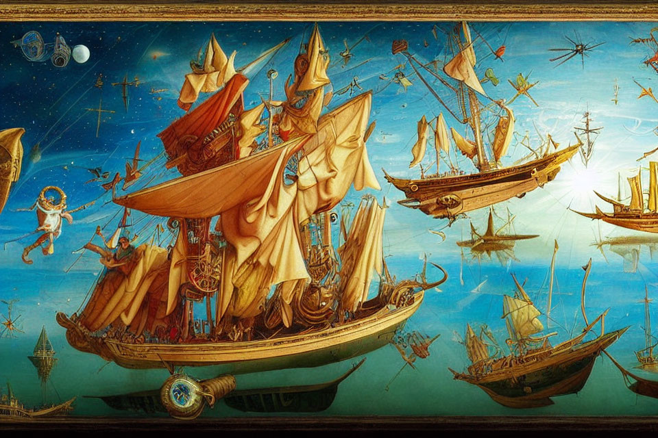 Fantastical nautical scene with ornate ships sailing under starry sky